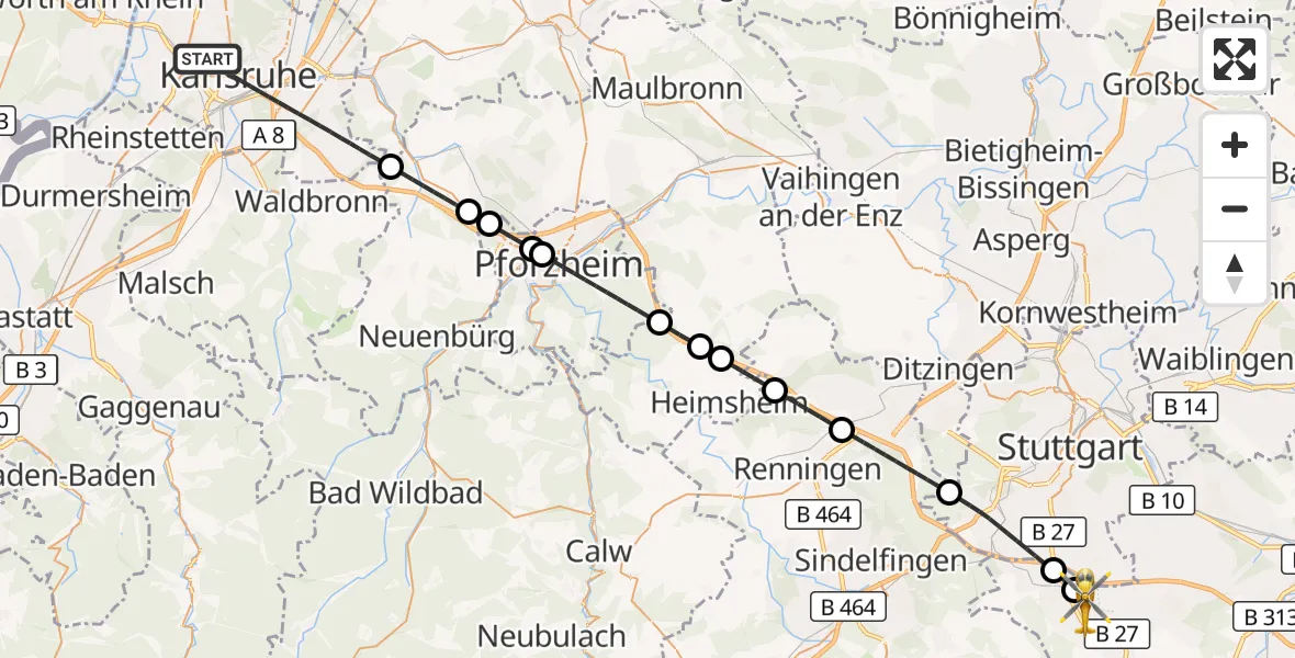 Flugroute Rettungshubschrauber Karlsruhe - Flughafen Stuttgart, 28 September 2026, 21:42
