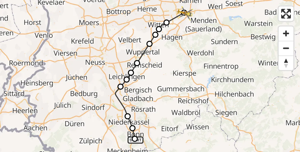 Flugroute Rettungshubschrauber Bonn University Hospital - Dortmund Flughafen, 28 September 2026, 22:05