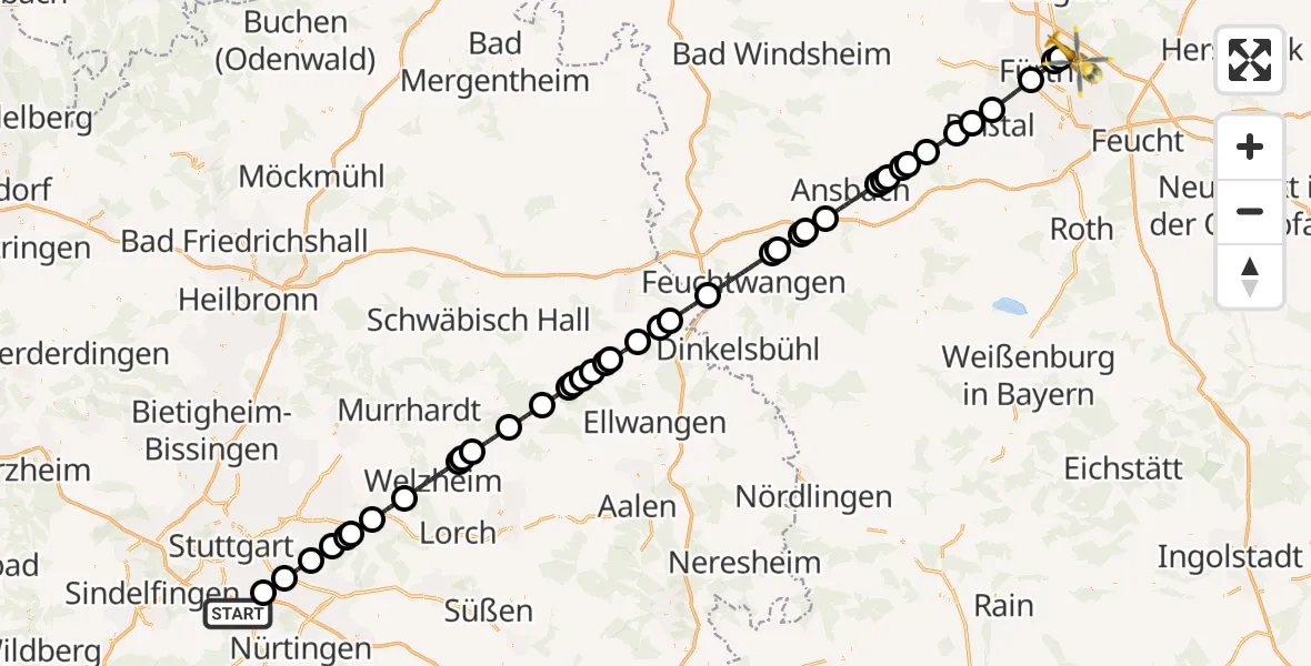 Flugroute Rettungshubschrauber Flughafen Stuttgart - Flughafen Nuremberg, 28 September 2026, 22:28
