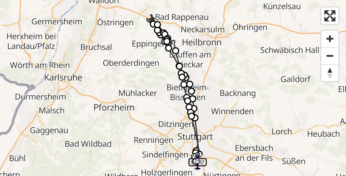 Flugroute Polizeihubschrauber Flughafen Stuttgart - Flughafen Stuttgart, 28 September 2026, 22:58