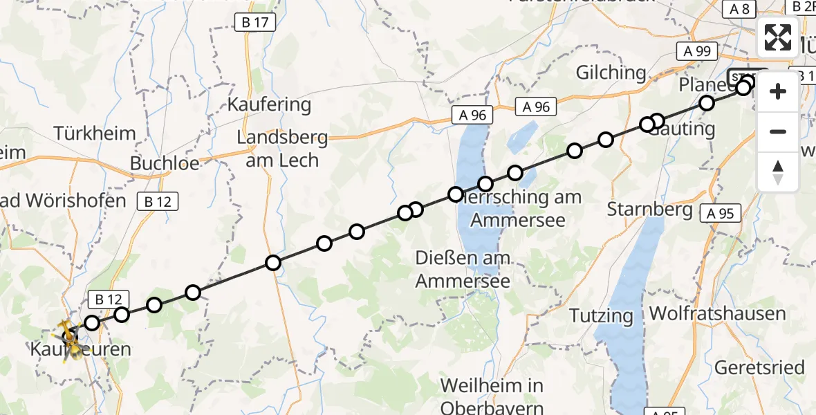 Flugroute Rettungshubschrauber DRF Air Rescue München Hubschrauberlandeplatz - Ostallgäu-Kaufbeuren Hospital, 29 September 2026, 04:27