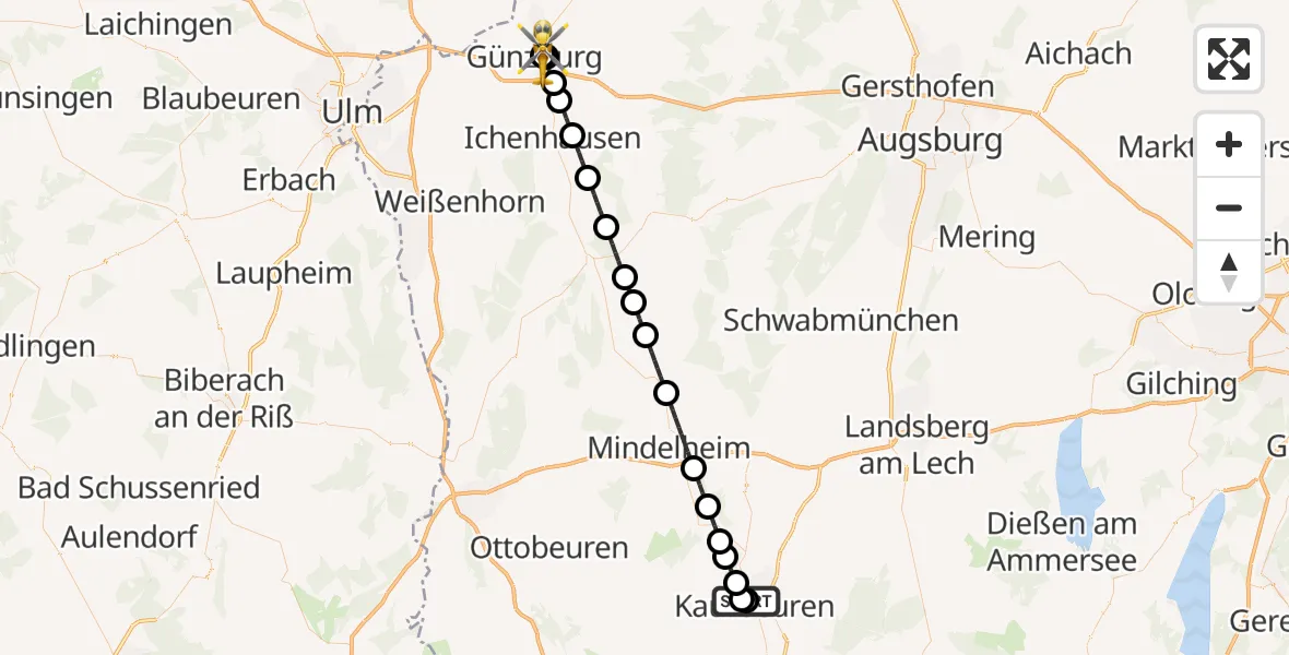Flugroute Rettungshubschrauber Ostallgäu-Kaufbeuren Hospital - Günzburg Hospital, 29 September 2026, 05:10