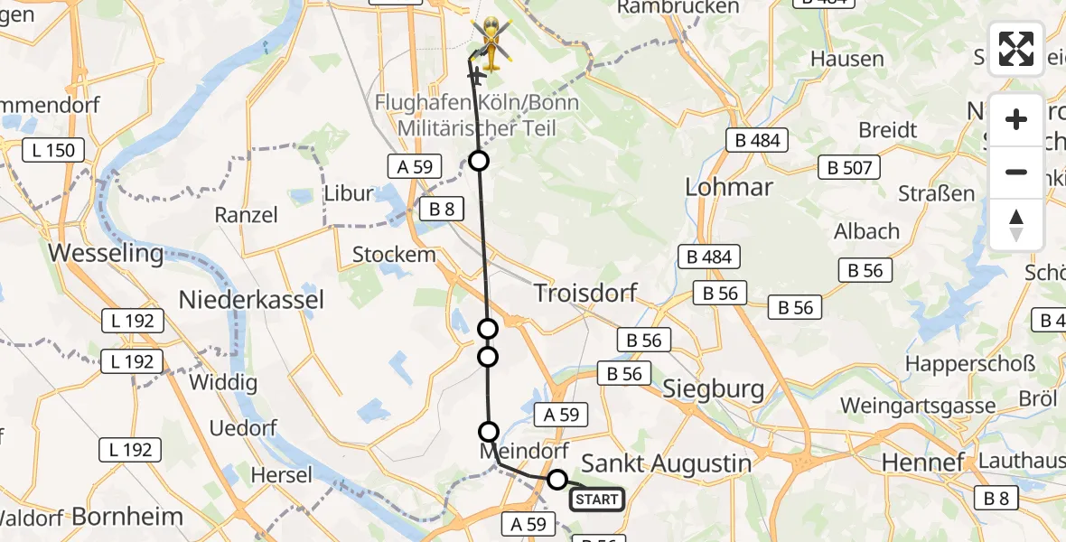 Flugroute Ambulanzhubschrauber Bonn-Hangelar Flugplatz - Köln Bonn Flughafen, 29 September 2026, 05:27