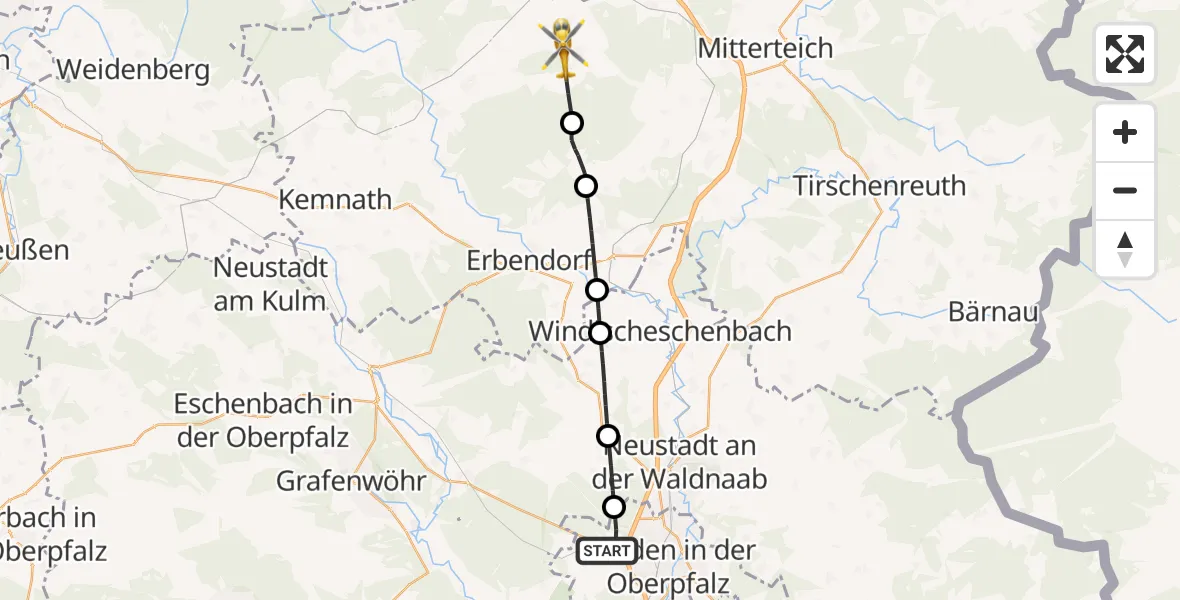 Flugroute Ambulanzhubschrauber Weiden i.d.OPf. - Waldershof, 29 September 2026, 05:30
