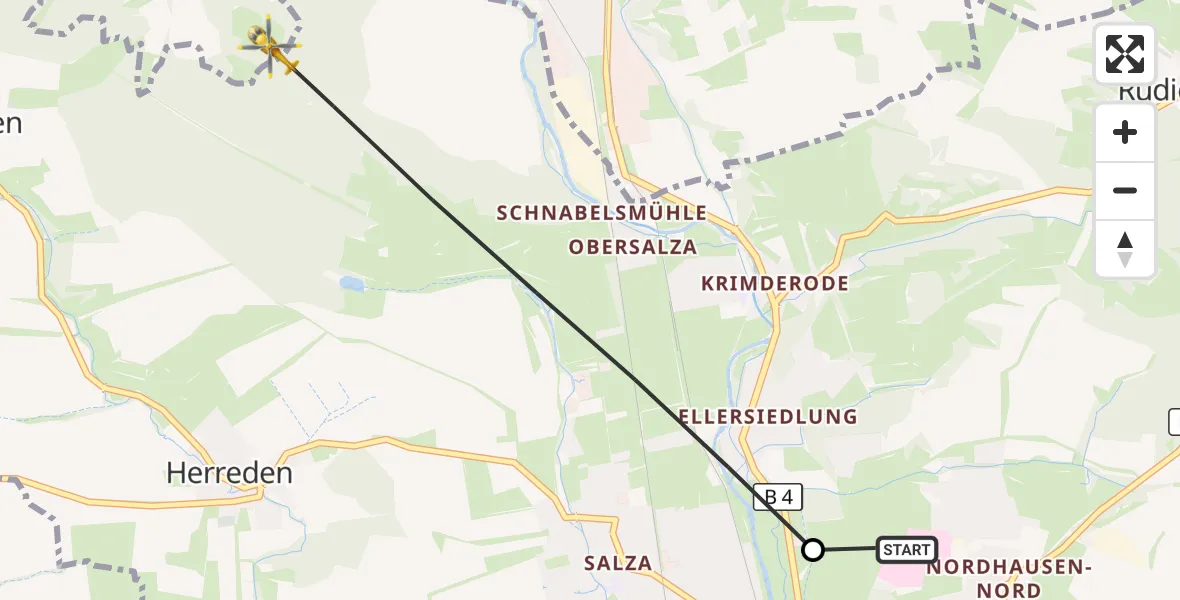 Flugroute Rettungshubschrauber Südharz Hospital Nordhausen - Nordhausen, 29 September 2026, 05:46