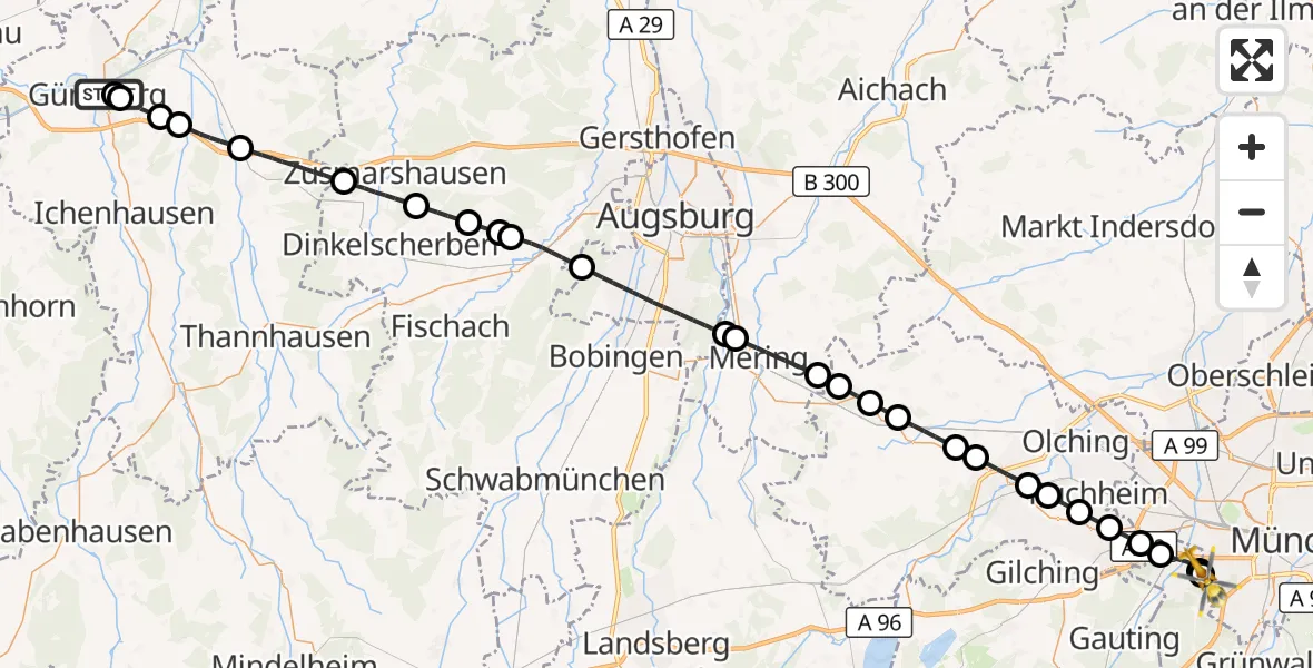 Flugroute Rettungshubschrauber Günzburg Hospital - DRF Air Rescue München Hubschrauberlandeplatz, 29 September 2026, 05:51