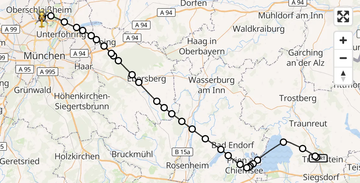 Flugroute Rettungshubschrauber Traunstein Hospital - Oberschleißheim, 29 September 2026, 06:03