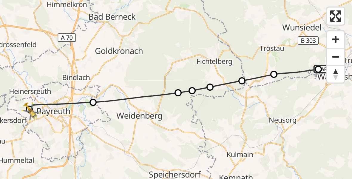 Flugroute Ambulanzhubschrauber Marktredwitz - Bayreuth Hospital, 29 September 2026, 06:08