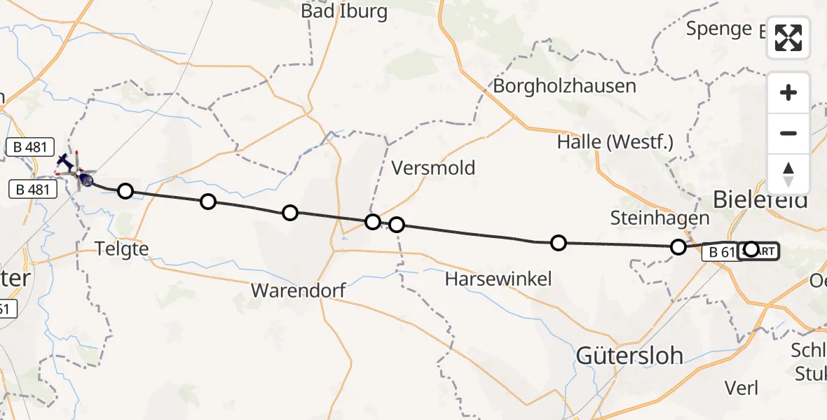 Flugroute Polizeihubschrauber Luftrettungszentrum Bielefeld - Telgte, 29 September 2026, 06:08