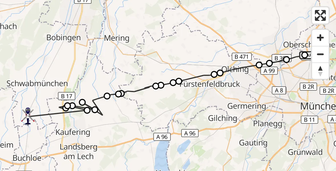 Flugroute Polizeihubschrauber Oberschleißheim - Langerringen, 29 September 2026, 06:09