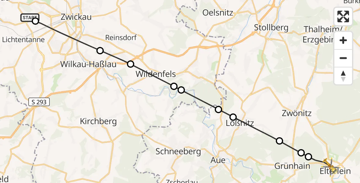 Flugroute Rettungshubschrauber ADAC Air Rescue Station Zwickau Hubschrauberlandeplatz - Elterlein, 29 September 2026, 06:40