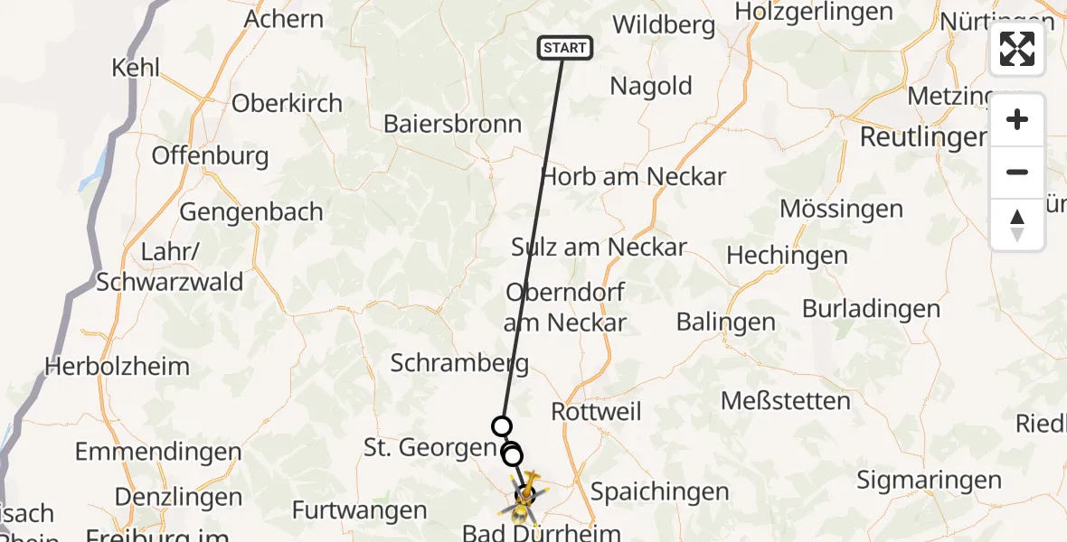 Flugroute Ambulanzhubschrauber Altensteig - DRF Air Rescue Station Villingen-Schwenningen Hubschrauberlandeplatz (Christoph 11), 29 September 2026, 06:43