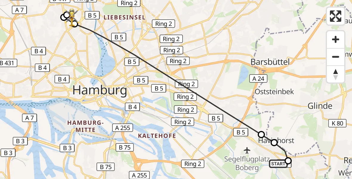 Flugroute Rettungshubschrauber Christoph Hansa ADAC Hubschrauberlandeplatz - Universitätsklinikum Hamburg-Eppendorf Hubschrauberlandeplatz, 29 September 2026, 06:51