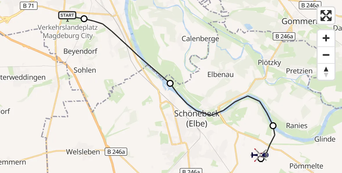 Flugroute Polizeihubschrauber Magdeburg City Flugplatz - Schönebeck-Zackmünde Flugplatz, 29 September 2026, 06:52