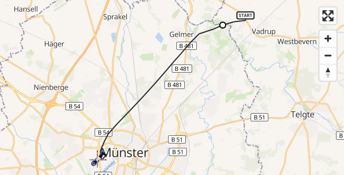 Flugroute Polizeihubschrauber Telgte - Münster, 29 September 2026, 07:00