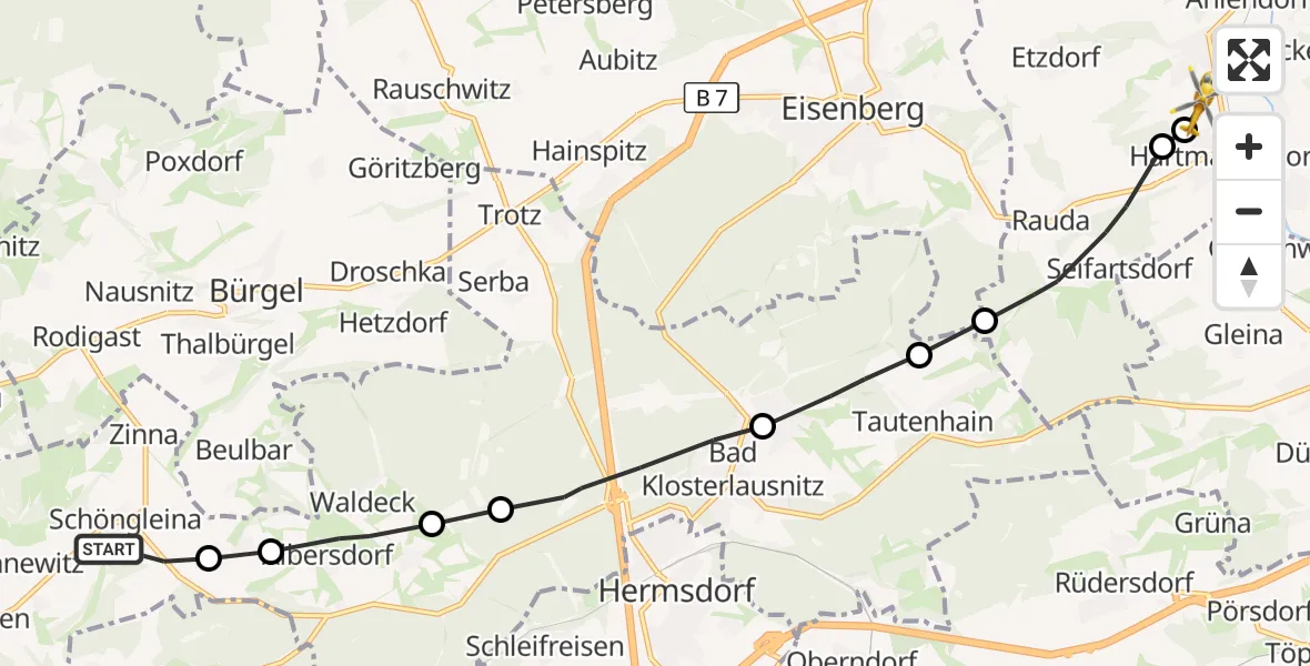 Flugroute Rettungshubschrauber Schöngleina - Crossen an der Elster, 29 September 2026, 07:18