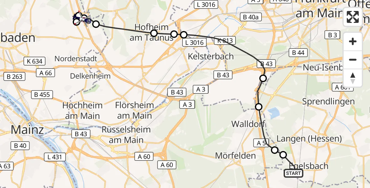 Flugroute Polizeihubschrauber Flughafen Frankfurt-Egelsbach - Autobahn Police Wiesbaden Hubschrauberlandeplatz, 29 September 2026, 07:30