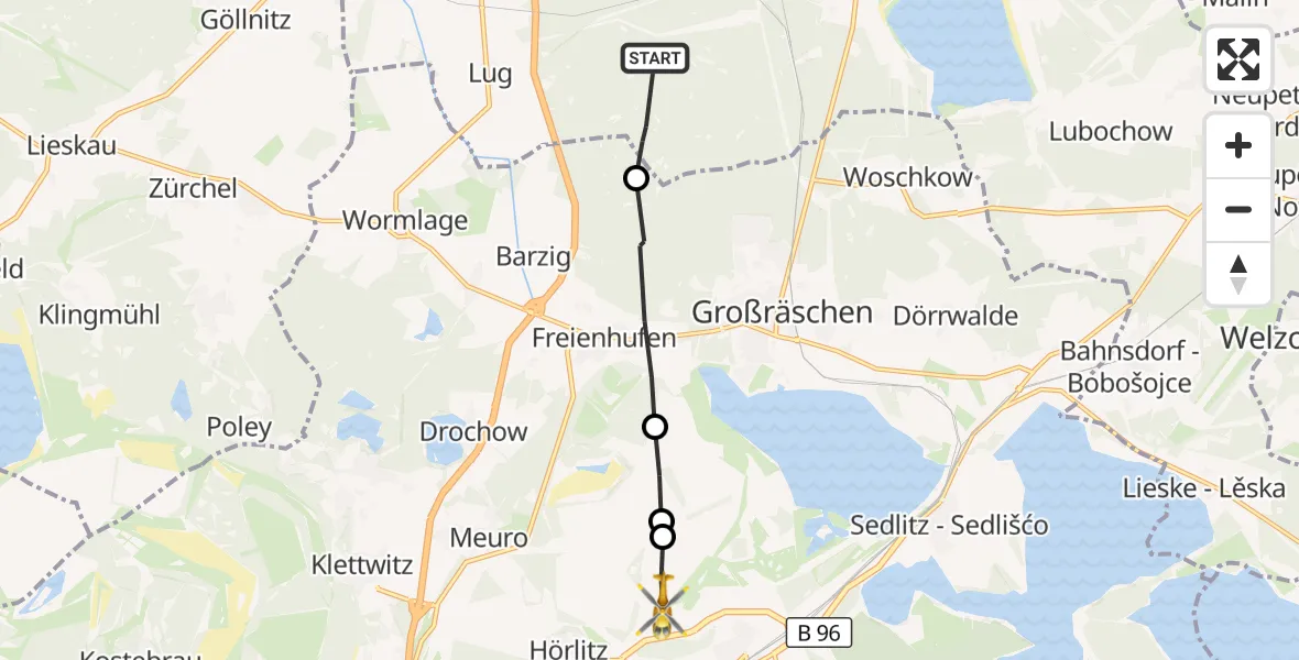 Flugroute Rettungshubschrauber Altdöbern - Senftenberg, 29 September 2026, 07:36