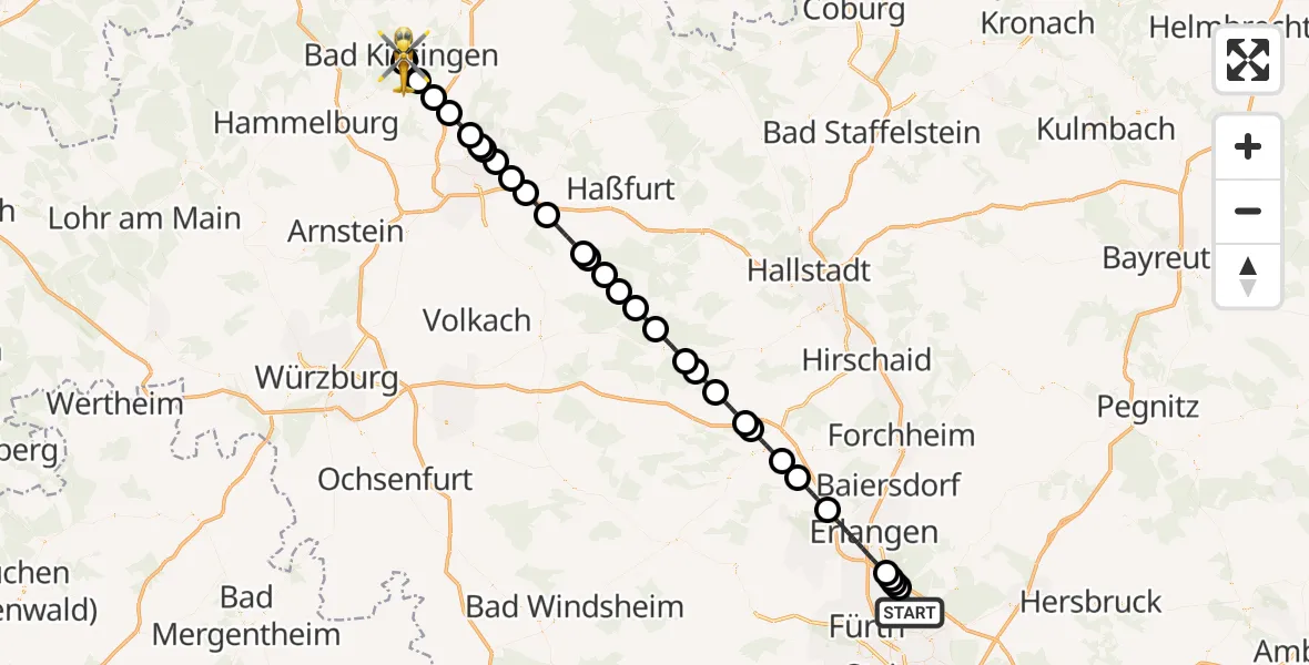 Flugroute Rettungshubschrauber Flughafen Nuremberg - Helios Sankt Elisabeth Hospital Bad Kissingen, 29 September 2026, 07:40