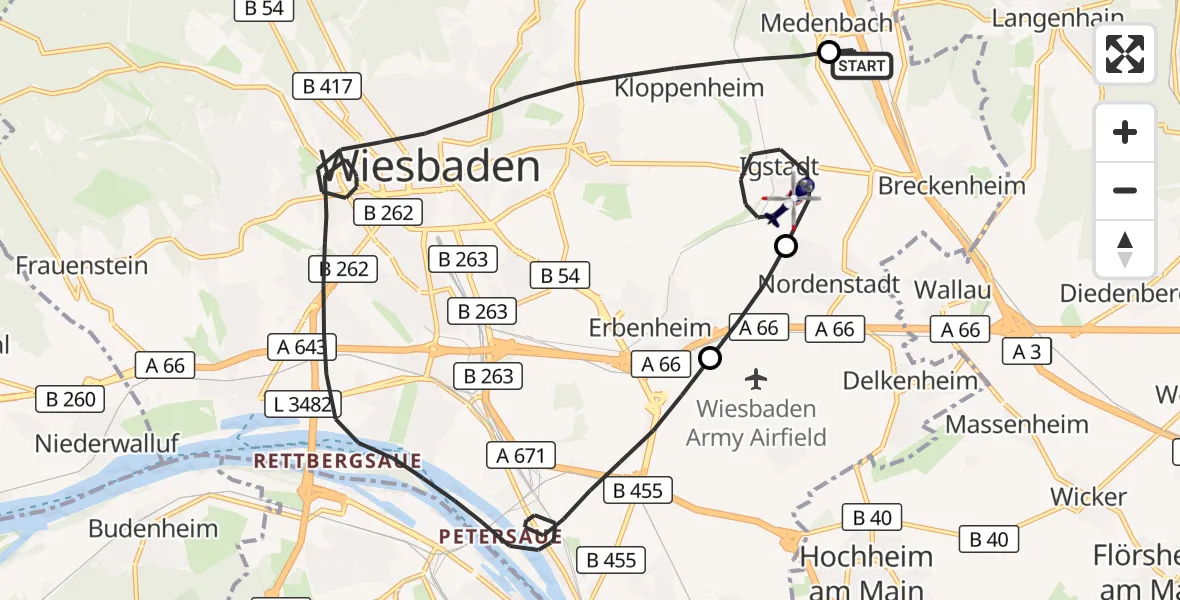Flugroute Polizeihubschrauber Autobahn Police Wiesbaden Hubschrauberlandeplatz - Wiesbaden, 29 September 2026, 07:47