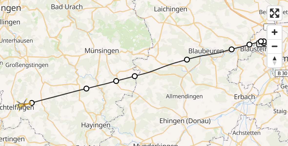 Flugroute Rettungshubschrauber Ulm Military Hospital Emergency - Trochtelfingen, 29 September 2026, 07:48
