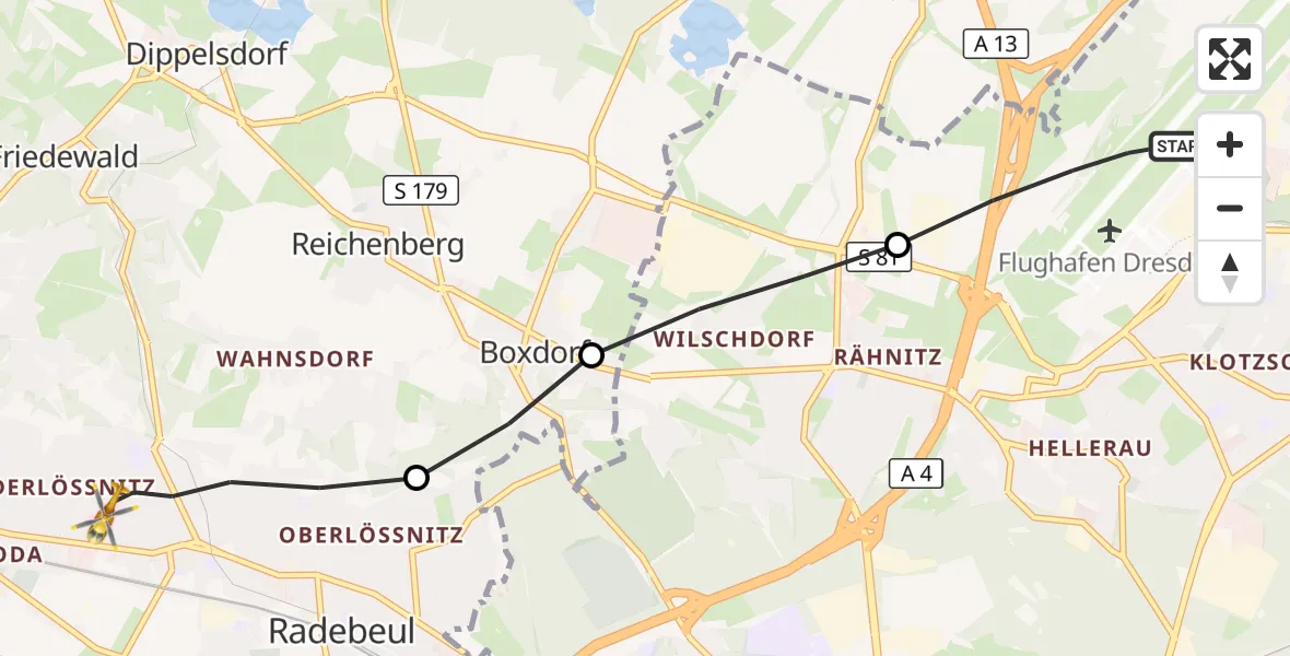 Flugroute Rettungshubschrauber Dresden Flughafen - Radebeul, 29 September 2026, 07:57