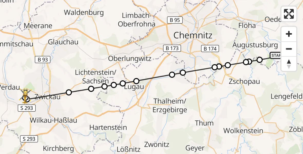 Flugroute Rettungshubschrauber Leubsdorf - ADAC Air Rescue Station Zwickau Hubschrauberlandeplatz, 29 September 2026, 08:02