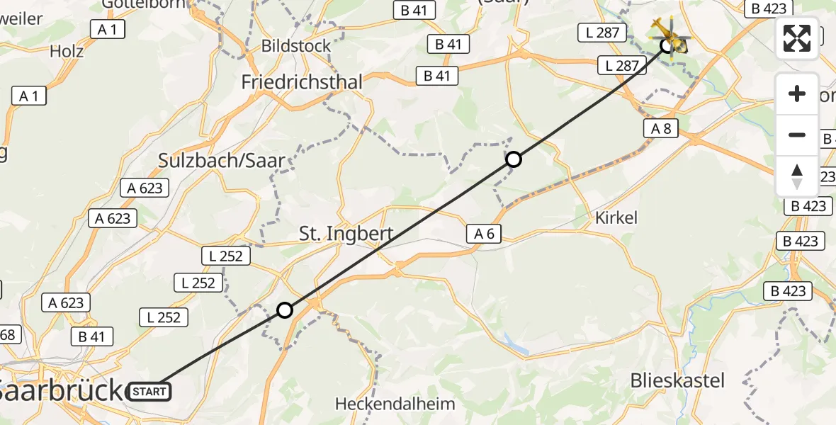 Flugroute Rettungshubschrauber Saarbrücken - Bexbach, 29 September 2026, 08:03