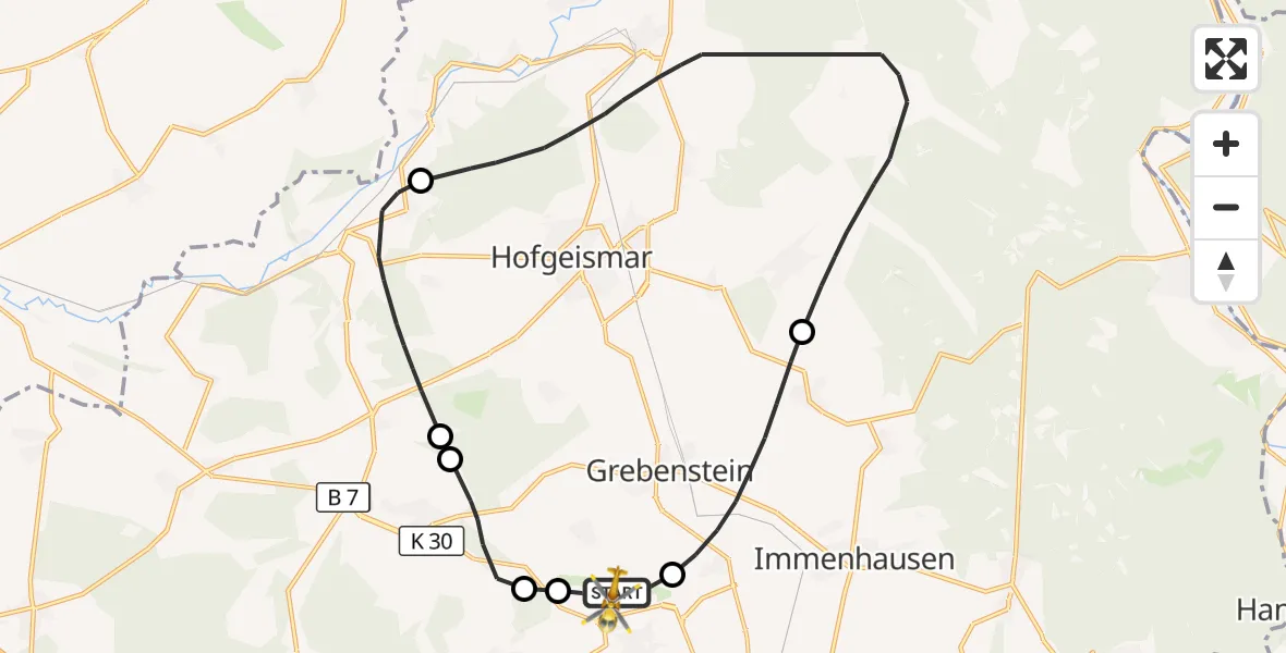 Flugroute Rettungshubschrauber Kassel Flughafen - Kassel Flughafen, 29 September 2026, 08:05
