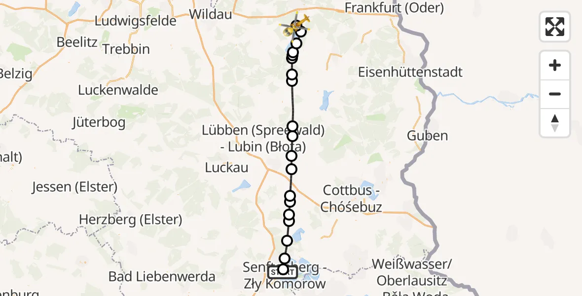 Flugroute Ambulanzhubschrauber ADAC Luftrettungsstation Senftenberg Hubschrauberlandeplatz - Bad Saarow Hospital Hubschrauberlandeplatz, 29 September 2026, 08:06