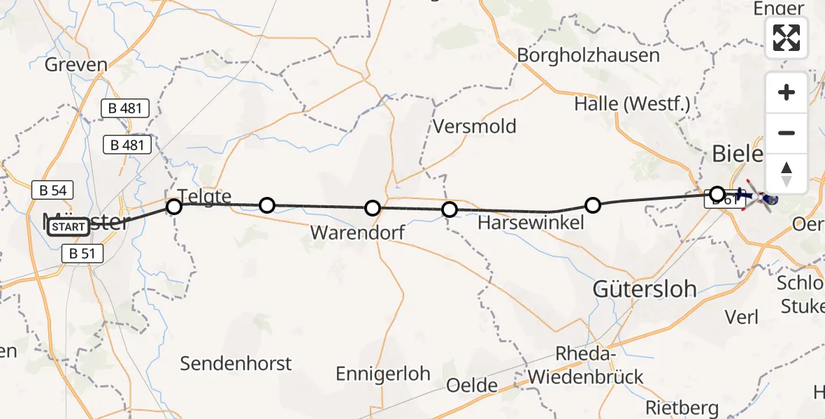 Flugroute Polizeihubschrauber Münster - Luftrettungszentrum Bielefeld, 29 September 2026, 08:15