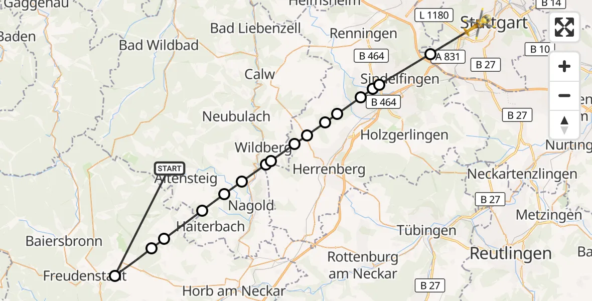 Flugroute Ambulanzhubschrauber Altensteig - Stuttgart, 29 September 2026, 08:16