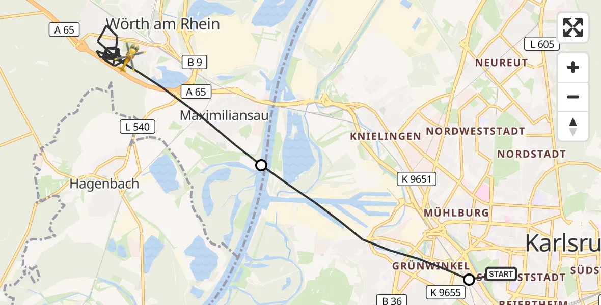 Flugroute Ambulanzhubschrauber Sankt Vincentius Hospital - Wörth am Rhein, 29 September 2026, 08:18