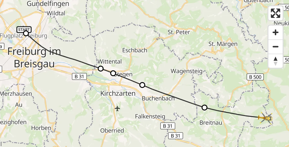 Flugroute Ambulanzhubschrauber Freiburg im Breisgau Flugplatz - Breitnau, 29 September 2026, 08:20