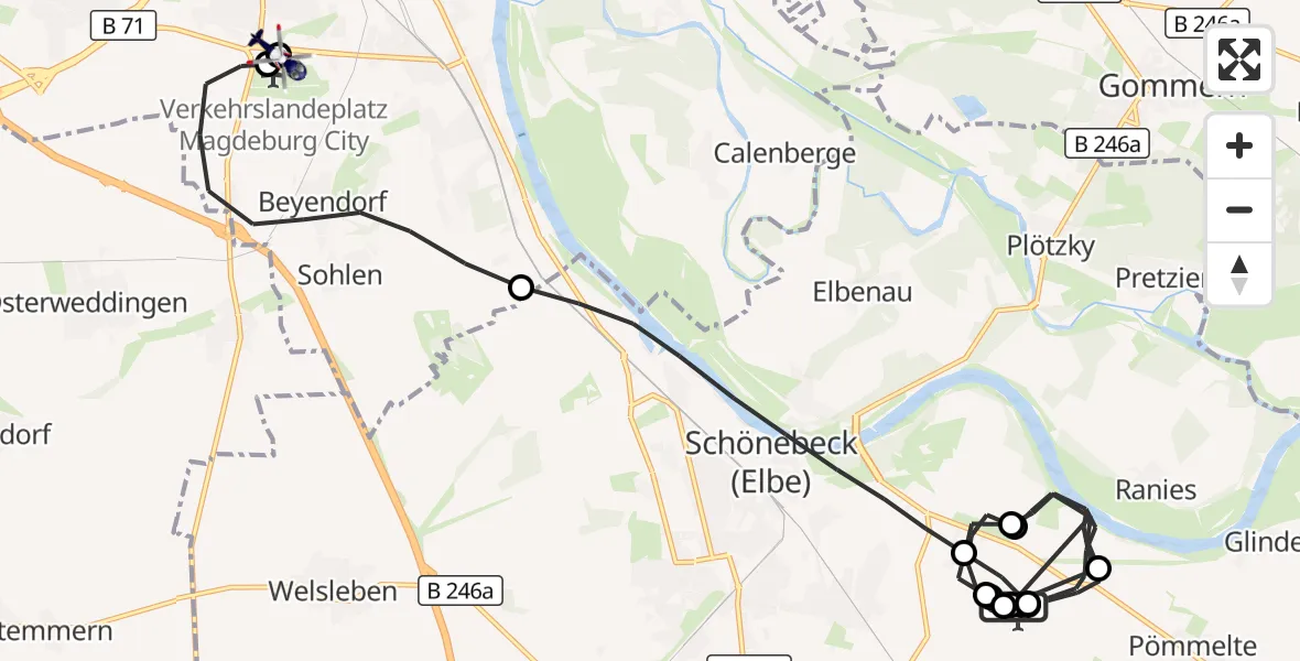 Flugroute Polizeihubschrauber Schönebeck-Zackmünde Flugplatz - Magdeburg, 29 September 2026, 08:25