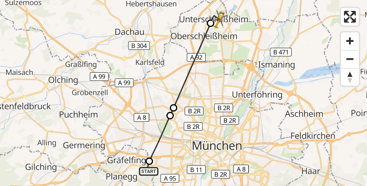 Flugroute Rettungshubschrauber DRF Air Rescue München Hubschrauberlandeplatz - Unterschleißheim, 29 September 2026, 08:29