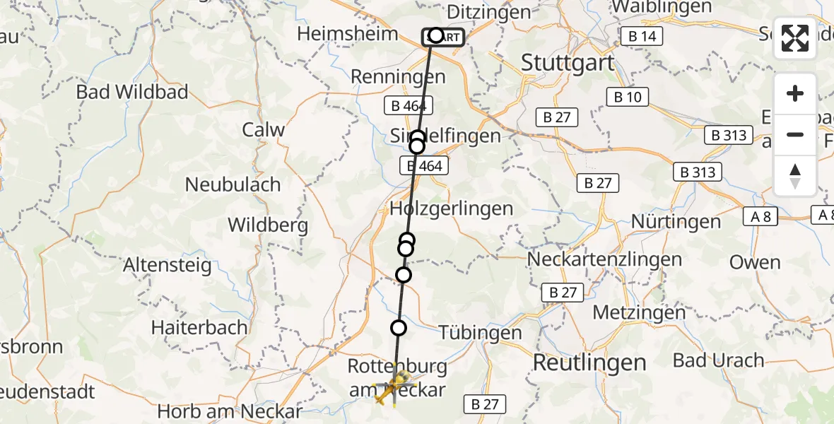 Flugroute Rettungshubschrauber Leonberg Hospital - Rottenburg am Neckar, 29 September 2026, 08:30