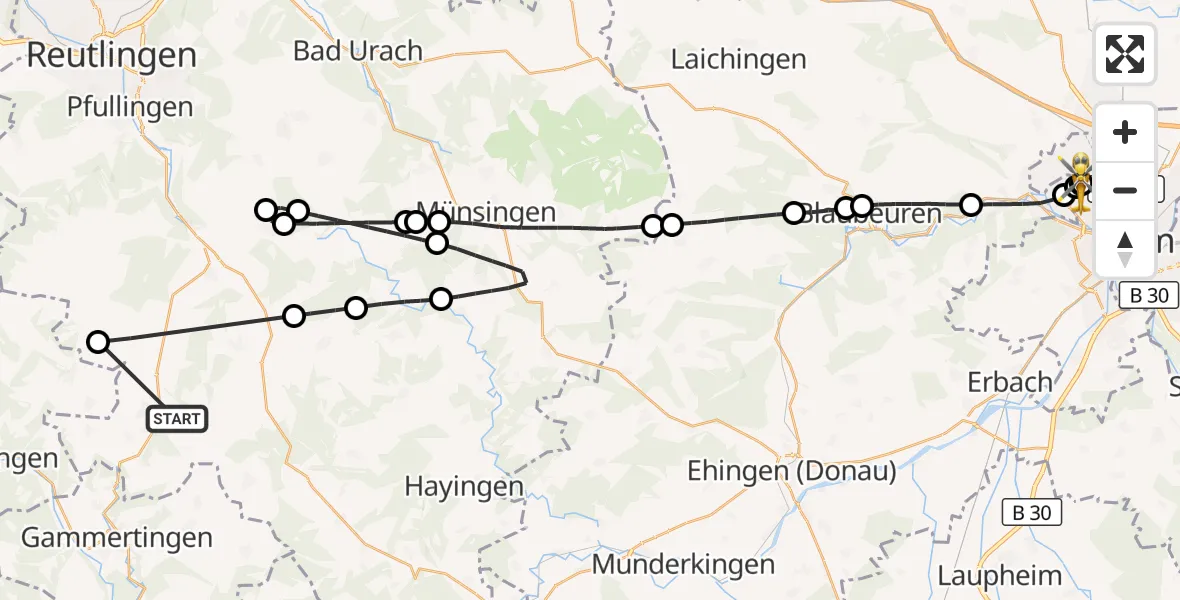 Flugroute Rettungshubschrauber Trochtelfingen - ADAC Air Rescue Station Ulm (Christoph 22), 29 September 2026, 08:31