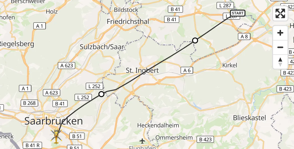 Flugroute Rettungshubschrauber Neunkirchen - Saarbrücken, 29 September 2026, 08:40