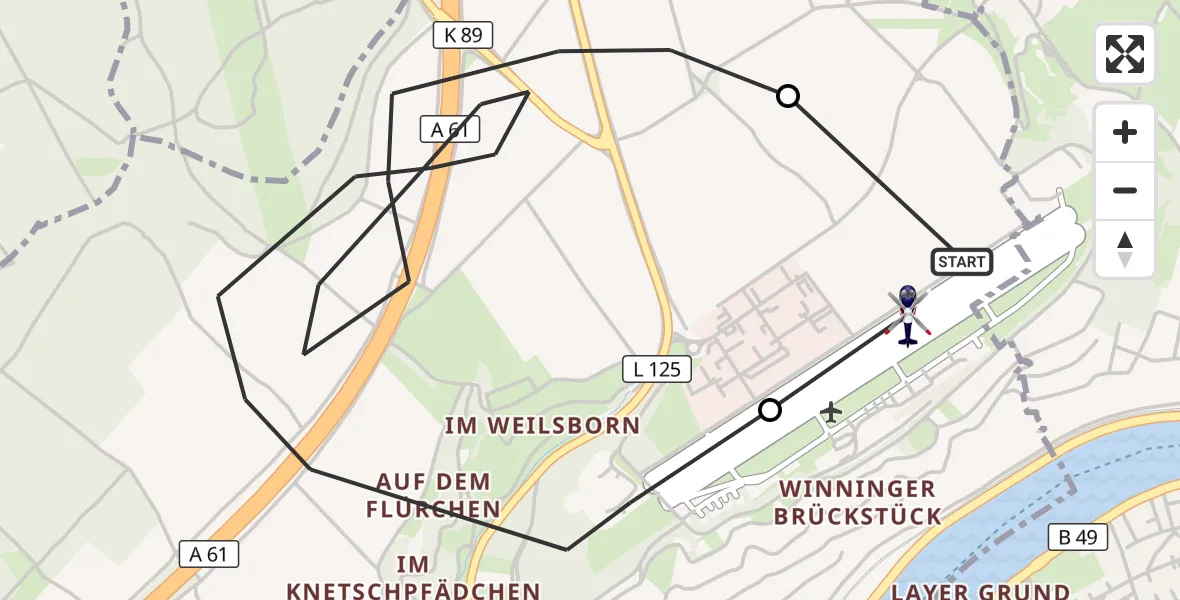 Flugroute Polizeihubschrauber Koblenz-Winningen Flugplatz - Koblenz-Winningen Flugplatz, 29 September 2026, 08:48