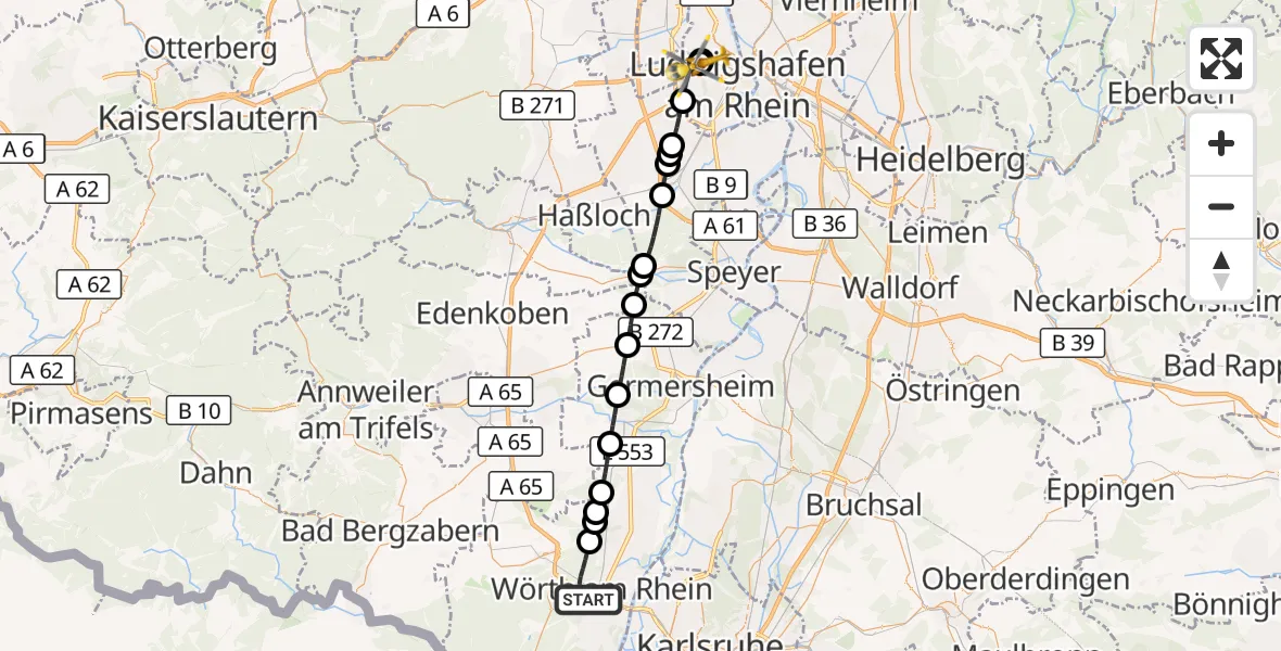 Flugroute Ambulanzhubschrauber Wörth am Rhein - Ludwigshafen Accident Hospital, 29 September 2026, 09:00