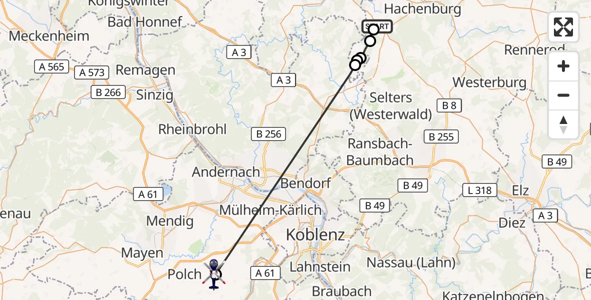Flugroute Polizeihubschrauber Winkelbach - Rüber, 29 September 2026, 09:01