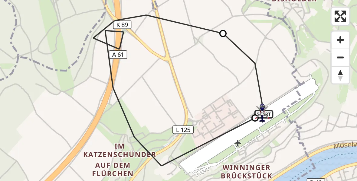Flugroute Polizeihubschrauber Koblenz-Winningen Flugplatz - Koblenz-Winningen Flugplatz, 29 September 2026, 09:15