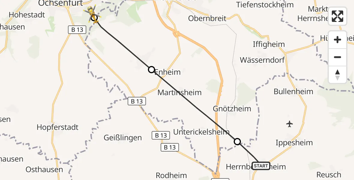 Flugroute Rettungshubschrauber Ippesheim - Ochsenfurt Hospital, 29 September 2026, 09:15