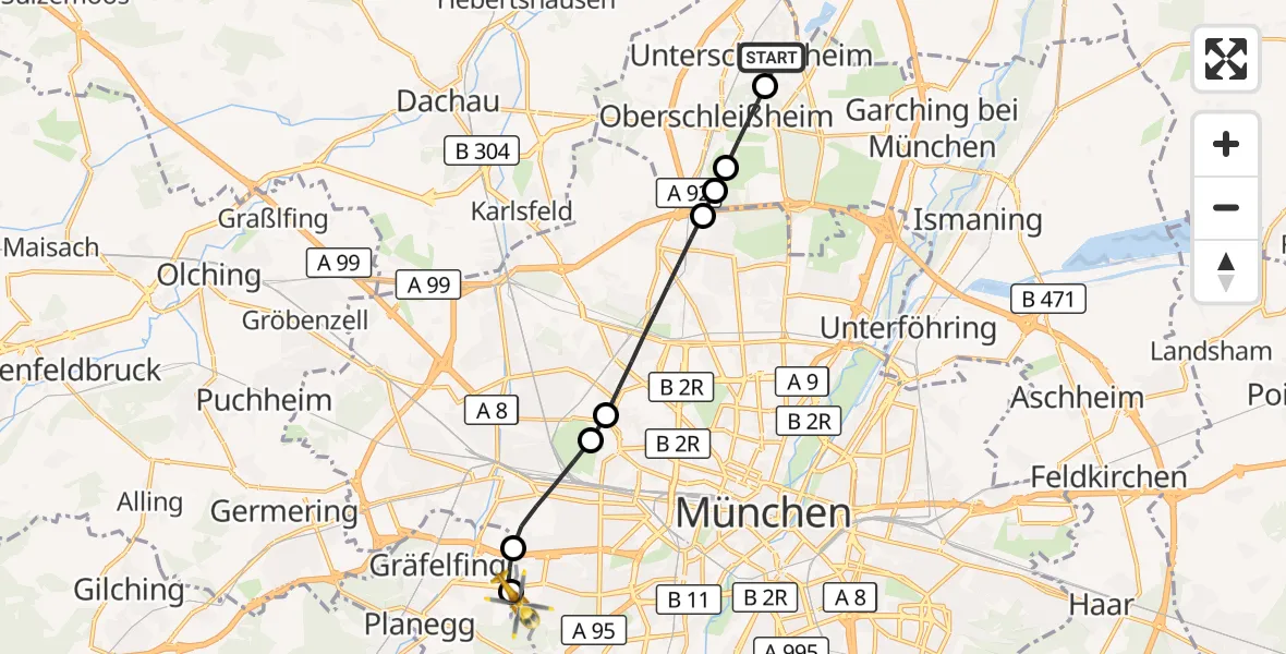 Flugroute Rettungshubschrauber Unterschleißheim - DRF Air Rescue München Hubschrauberlandeplatz, 29 September 2026, 09:16