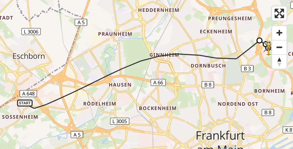 Flugroute Rettungshubschrauber Frankfurt am Main - Frankfurt am Main Accident Hospital Roof Helipad (CHX2), 29 September 2026, 09:24
