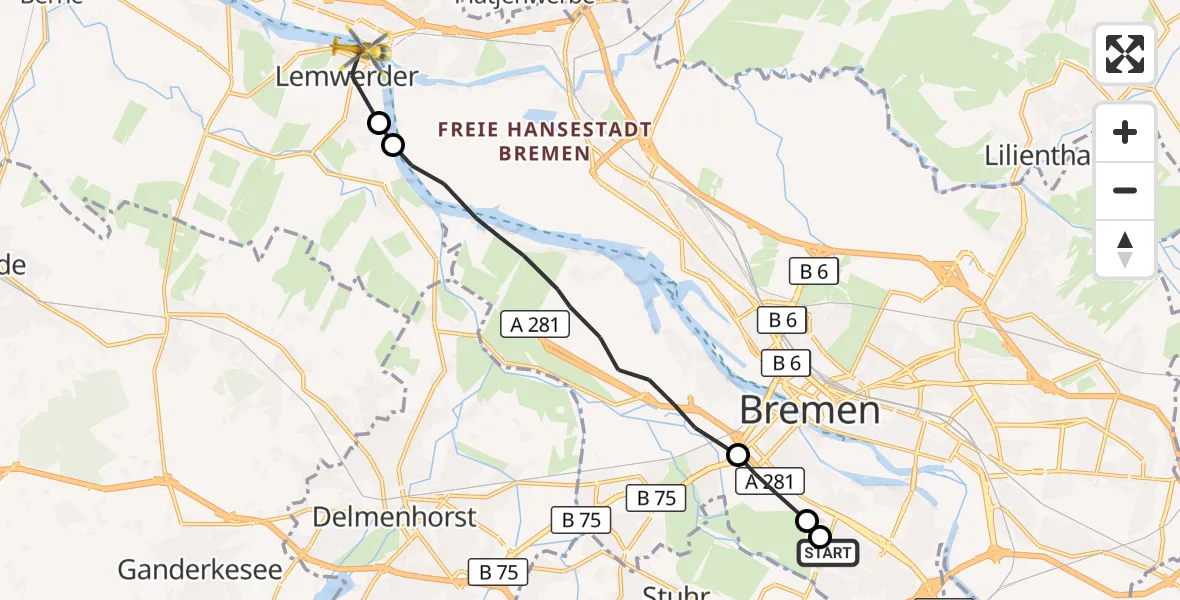 Flugroute Rettungshubschrauber ADAC Air Rescue Station Bremen Hubschrauberlandeplatz (Christoph 6) - Lemwerder, 29 September 2026, 09:28