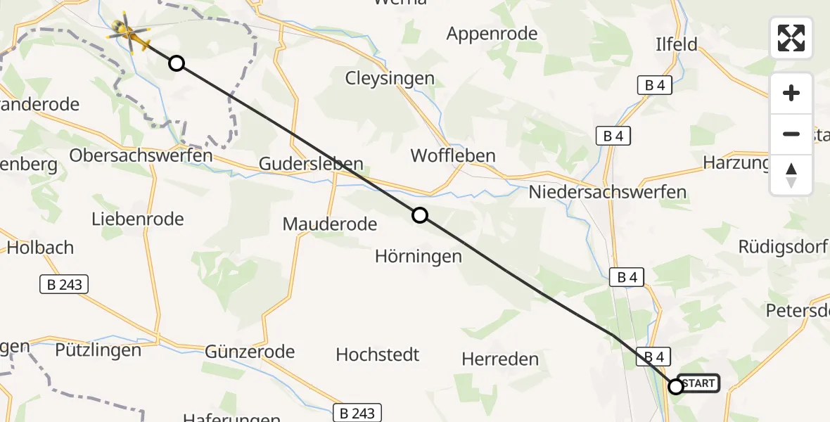 Flugroute Rettungshubschrauber Südharz Hospital Nordhausen - Walkenried, 29 September 2026, 09:45