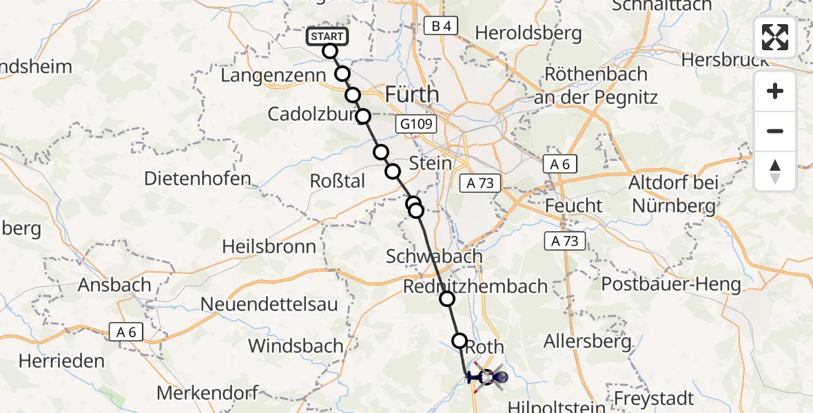 Flugroute Polizeihubschrauber Tuchenbach - Flugplatz Roth, 29 September 2026, 09:46