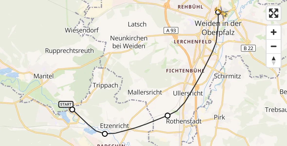Flugroute Ambulanzhubschrauber Mantel - Weiden Hospital, 29 September 2026, 09:46